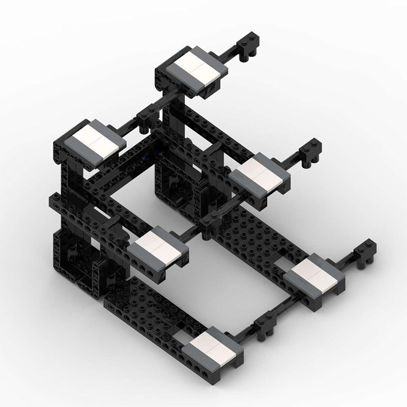 Black and white geometric structure made of interlocking bricks on a white background