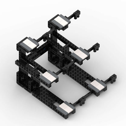 Black and white geometric structure made of interlocking bricks on a white background