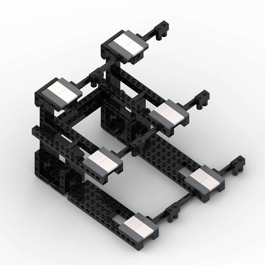 Black and white geometric structure made of interlocking bricks on a white background